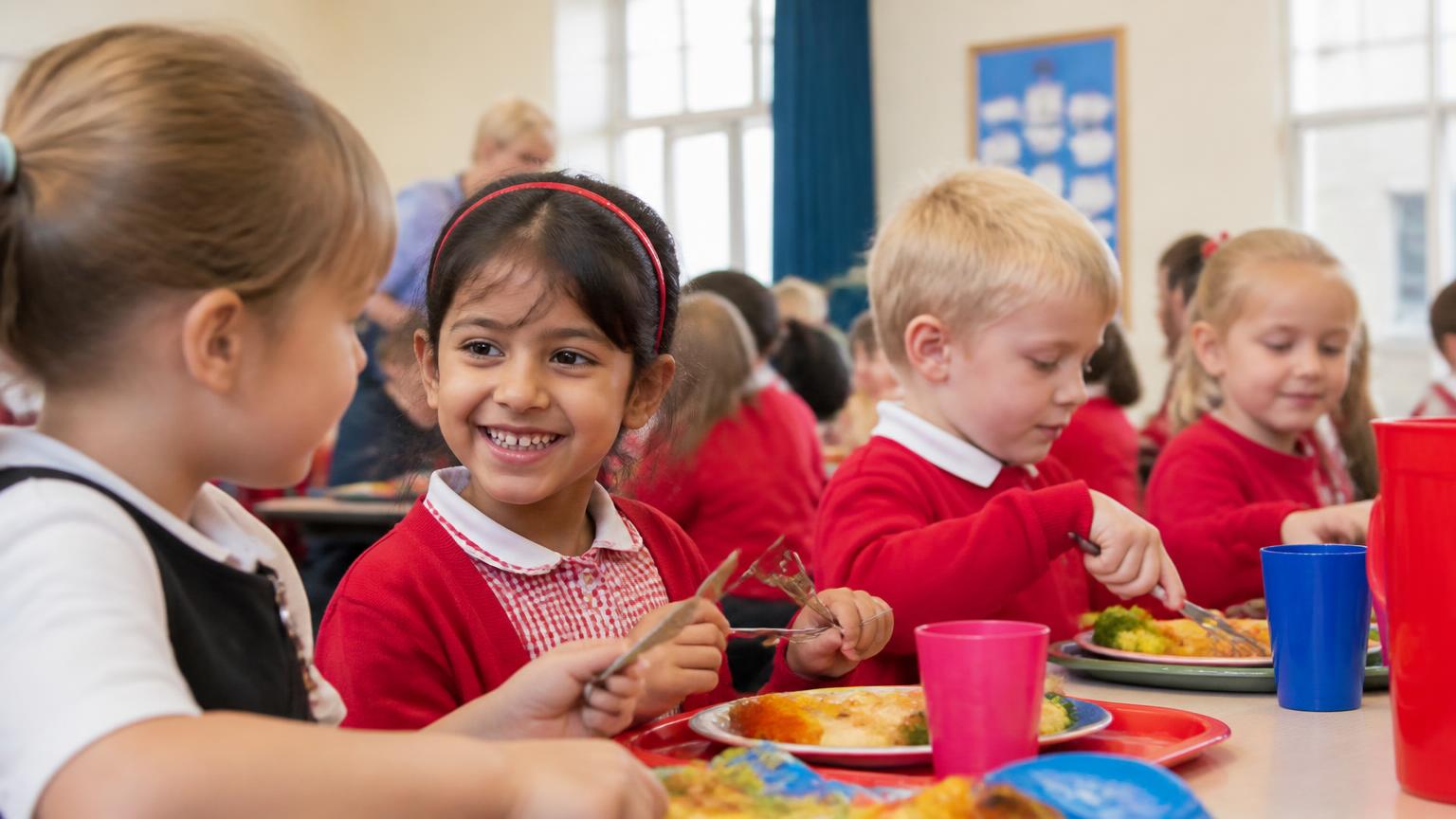 Children eating lunch together in a Kent primary school dining hall - Free school meals in Kent: who qualifies and how to apply