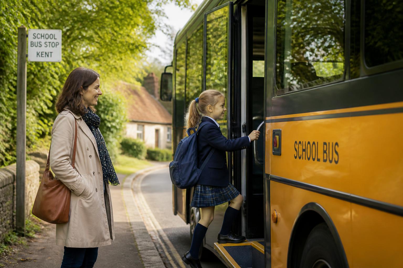 A child boarding a school bus on a Kent school run - Free school transport in Kent: the 2-mile and 3-mile rules explained